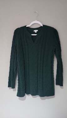 J.Jill Chenille Cable Knit V-Neck Sweater Dark Green Large Petite
